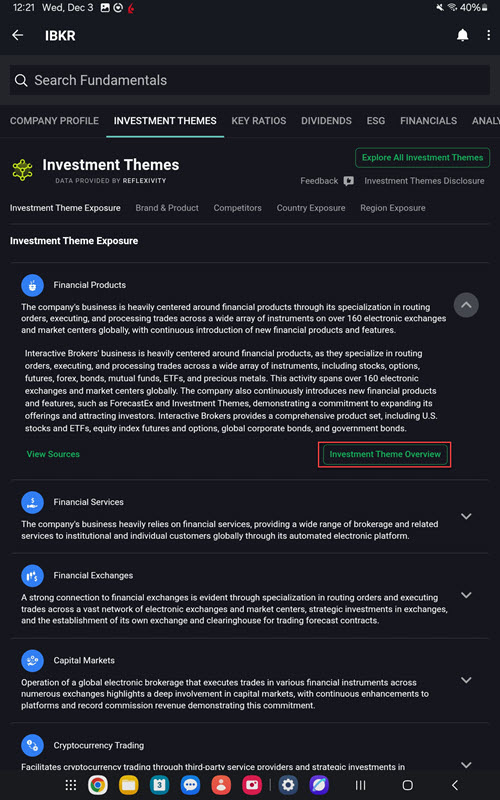 The investment theme overview link on the android tablet. 